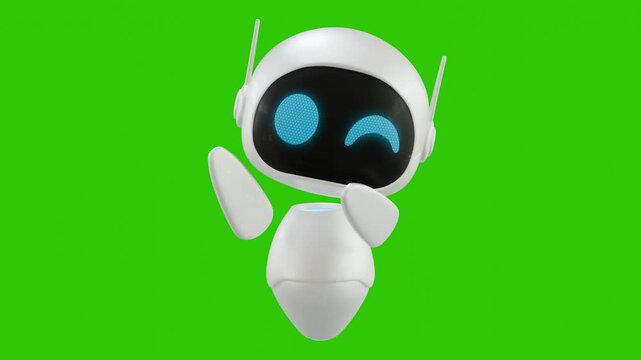 Cute 3D mini Robot character animation with hand waving movement, and wink eyes expression. Green screen background. Perfect looping. Artificial intelligence virtual assistant robot.