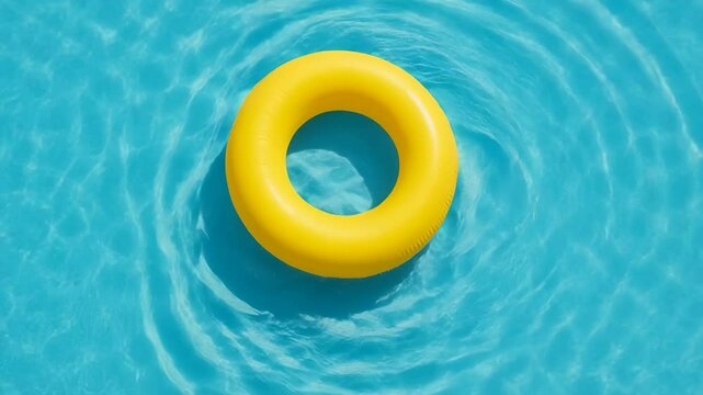 Inflatable buoy ring, yellow tybe on swimming pool, view from above