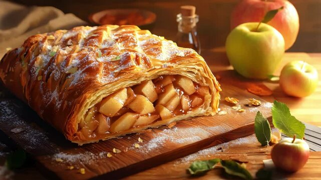 Mouthwatering apple strudel features a golden, flaky crust filled with spiced apples. The warm, inviting kitchen highlights the rustic charm of this delightful dessert.