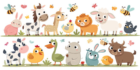 Naklejka premium Cartoon farm animals including cows sheep rabbits chickens bees and other cute creatures are displayed