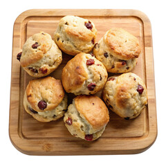 Fototapeta premium Delicious Homemade Cranberry Scones on a Wooden Serving Board Ready to Eat
