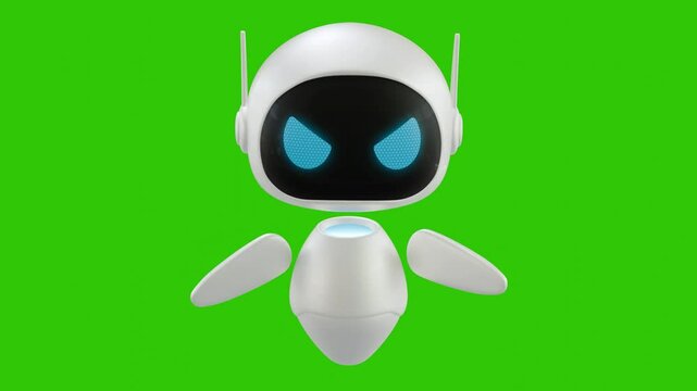 Cute 3D mini Robot character animation with angry movement while pointing his hand forward. Green screen background. Perfect looping. Artificial intelligence virtual assistant robot.