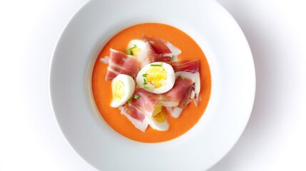 Famous Spain lunch plate salmorejo jamn and boiled egg creamy tomato soup served chilled in white bowl Cordoba specialty on bright white background in clean top down food image