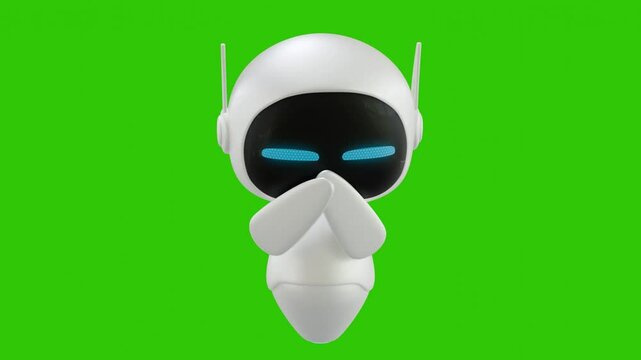 Cute 3D mini Robot character animation with a small laughing motion, looking left and right with suspicious eyes. Green screen background. Perfect looping. Ai robot.