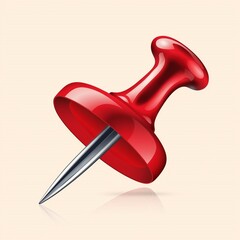 Create a high-resolution image of a red push pin with a shiny plastic head and metallic point, angled slightly, set against a clean white background with clear reflections and shadows.