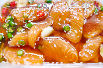 Salmon marinated in soy sauce.