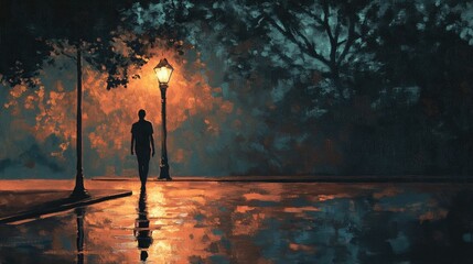 Fototapeta premium Solitary figure walks night street, lamplight reflects.