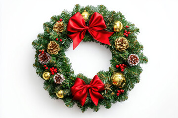 Christmas wreath with gold accents and a red bow, isolated on a white background, symbolizing holiday cheer
