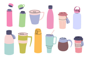 Cartoon Color Different Thermo Mugs and Bottles Set Take Away Drinks Concept Flat Design Style. Vector illustration of Tumblers with Cover