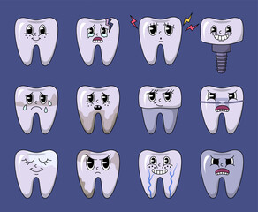 Cartoon Color Retro Groovy Tooth Character Set Different Emotions Concept Flat Design Style. Vector illustration of Teeth