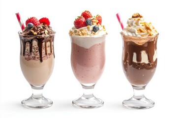 Smoothie glass and topping collection, neatly isolated against white backdrop.