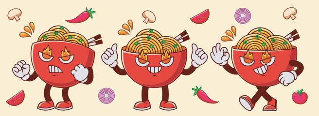 hot spicy ramen noodle character set. cartoon mascot with thumbs up and delicious pose. for label, branding, packaging, logo