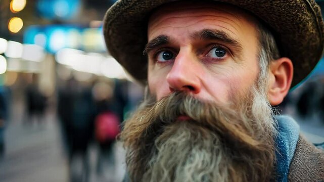 A man with a prominent beard and wide-brimmed hat stands at a busy train station. People bustle around him as morning commuters hurry to catch their trains, creating a lively atmosphere.