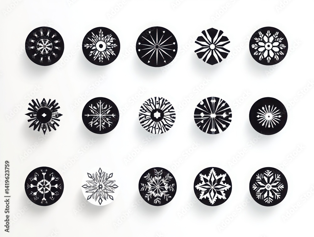 Fototapete isolated pack of snowflake icon patterns on a white background.