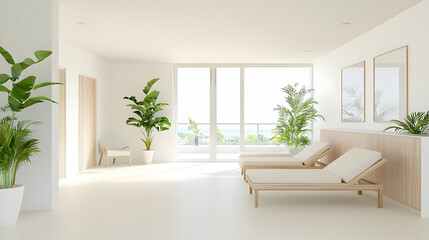 Fototapeta premium Modern Minimalist Spa Interior With Wooden Sun Loungers