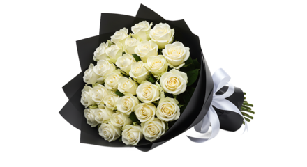A bouquet of white roses wrapped in dark paper with a white ribbon on a black background scene view