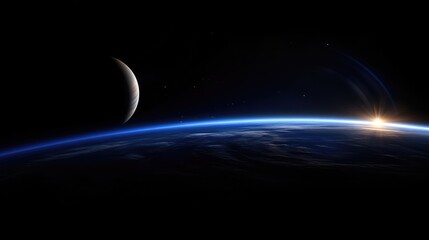 Earth, Moon, and Sunrise in Space