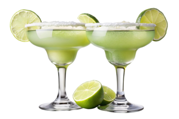 Two refreshing margaritas with salted rims and lime wedges on a white background