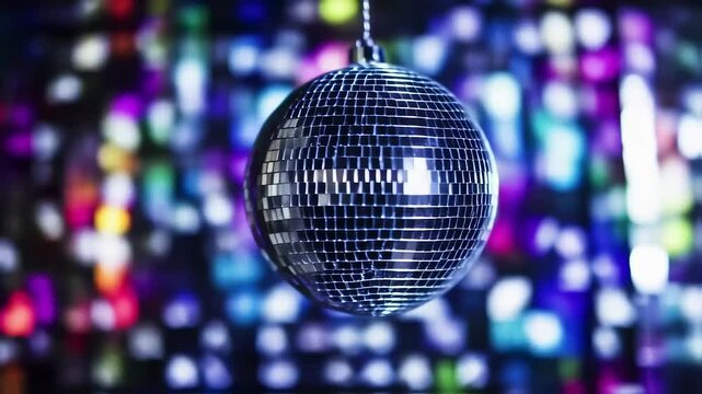 A disco ball spinning, surrounded by colorful lights and pixelated patterns