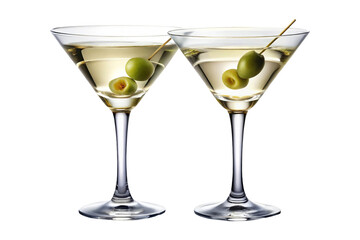 Two elegant martini glasses filled with chilled cocktail and green olive garnish