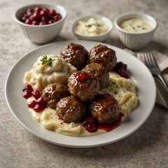 Delicious meatballs with rice and tomato sauce, a hearty meal on a white plate