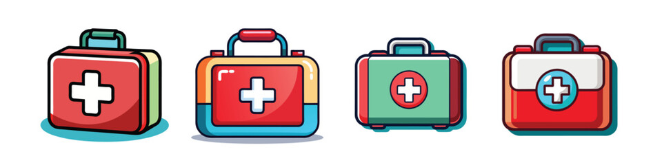 Colorful Cartoon First Aid Kits with Crosses for Emergency Preparedness