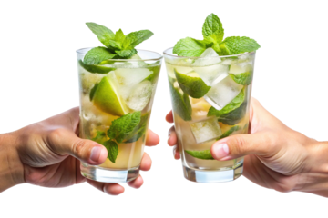 Two refreshing Mojito cocktails held up on a white background for cheers