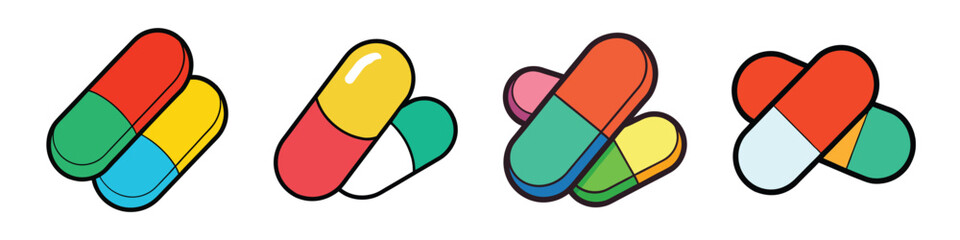 Colorful Multivitamin Pill Collection Illustration Depicting Medication and Healthcare Capsules