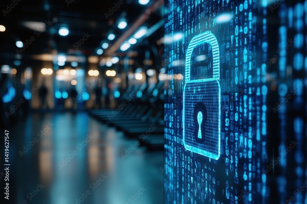 Poster digital lock symbol with binary code in a modern, high-tech environment at night