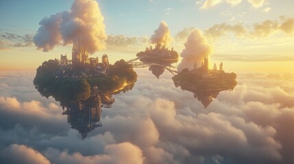 Floating islands connected by intricate steampunk bridges rise through the clouds and illuminated by the golden hour light, creating a captivating fusion of fantasy and science fiction.