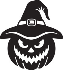 Scary Halloween Pumpkin with Witch Hat, black silhouette vector illustration on white background
