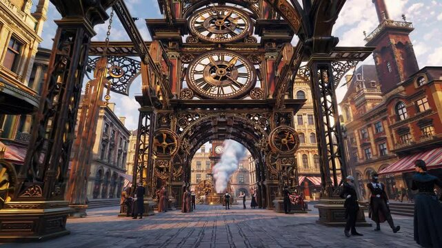Busy city center in steampunk style, featuring a monumental clock and intricate gear mechanisms, is bustling with elegantly dressed citizens