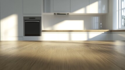 Obraz premium Bright modern kitchen interior showcasing a wooden table with sunlight streaming through windows