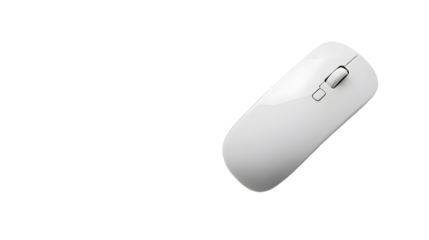 Wireless computer mouse.  A simple, white, rectangular shaped wireless computer mouse.  It has a click button, and a smooth, polished surface