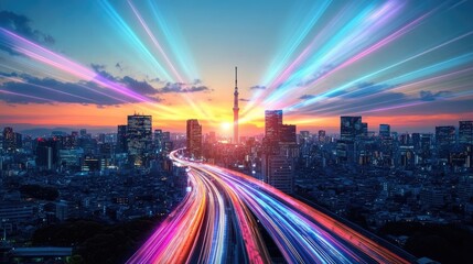 Fototapeta premium Dynamic Cityscape with Colorful Light Beams Symbolizing Fast Data Trans