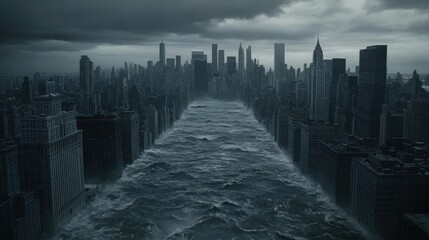 Obraz premium A catastrophic flood submerges a dense urban skyline.