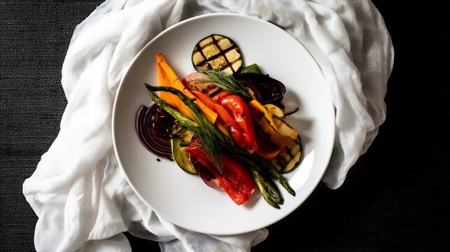 Grilled Spanish vegetables escalivada arranged colorfully a monochrome plate top down shot with black textured surface and white cloth accent