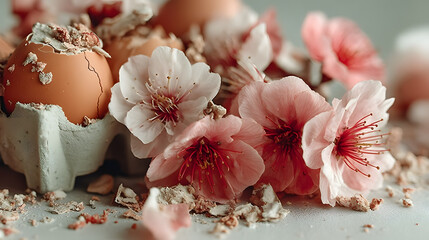 Fresh Flower Arrangement with Broken Eggshells on Soft Background