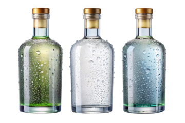Three chilled liquor bottles with condensation drops, on a white background