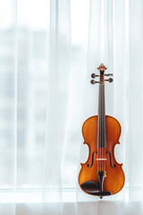 Violin in a classically beautiful concert hall against the tulle curtains in the lobby 