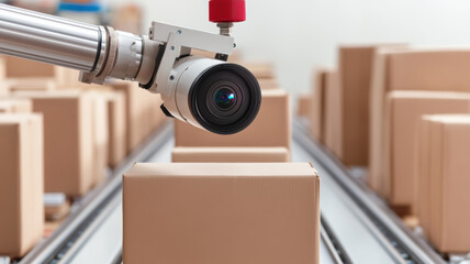 Automated quality control system using camera to inspect packages on conveyor belt ensuring high standards are met