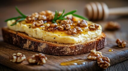 Delicious cheese spread on toasted bread with walnuts and honey