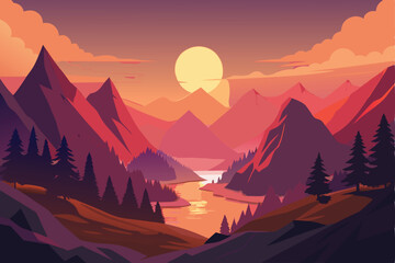 Peaceful Mountains Nature Landscape with River View and Sun at Sunset Sunrise.