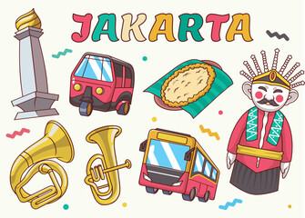set jakarta betawi doodle illustration. kerak telor, tanjidor, ondel-ondel, national monument, transjakarta. traditional culture for stickers, graphic elements