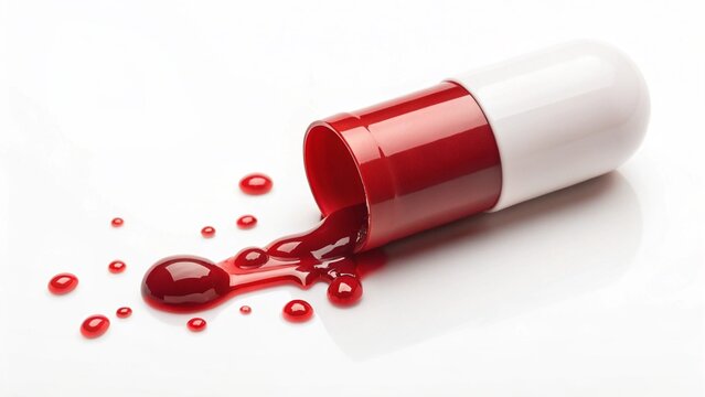 Opened capsule spilling red liquid on a white surface. Represents medicine and dosage