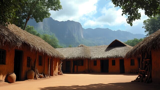 Thatched roof huts form a village courtyard with mountains in the background.