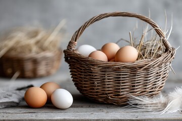 Wicker basket filled with brown and white eggs on wooden table with straw and feather in rustic setting