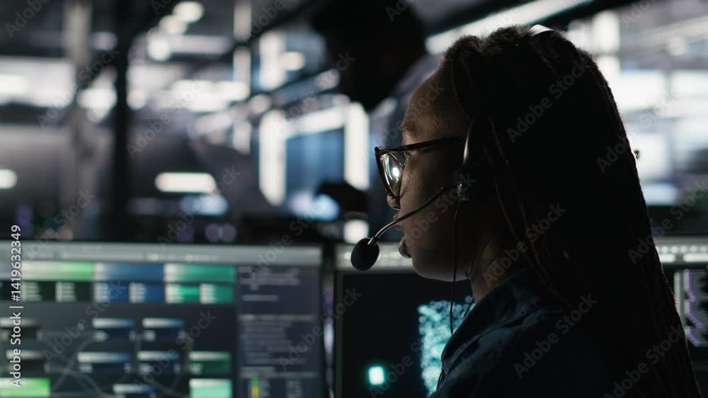 Poster data center expert examines node tree interface, delivering technical support. server room technicia