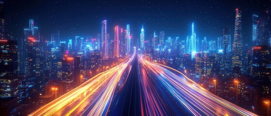 Fototapeta premium Neon Cityscape at Night: A Futuristic Metropolis with vibrant Lights and Highway