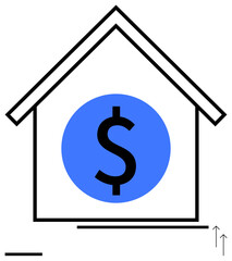 House outline with central dollar symbol, upward arrows highlighting growth, black-blue minimalist design. Ideal for real estate, investment, financial growth, property value, economy, business
